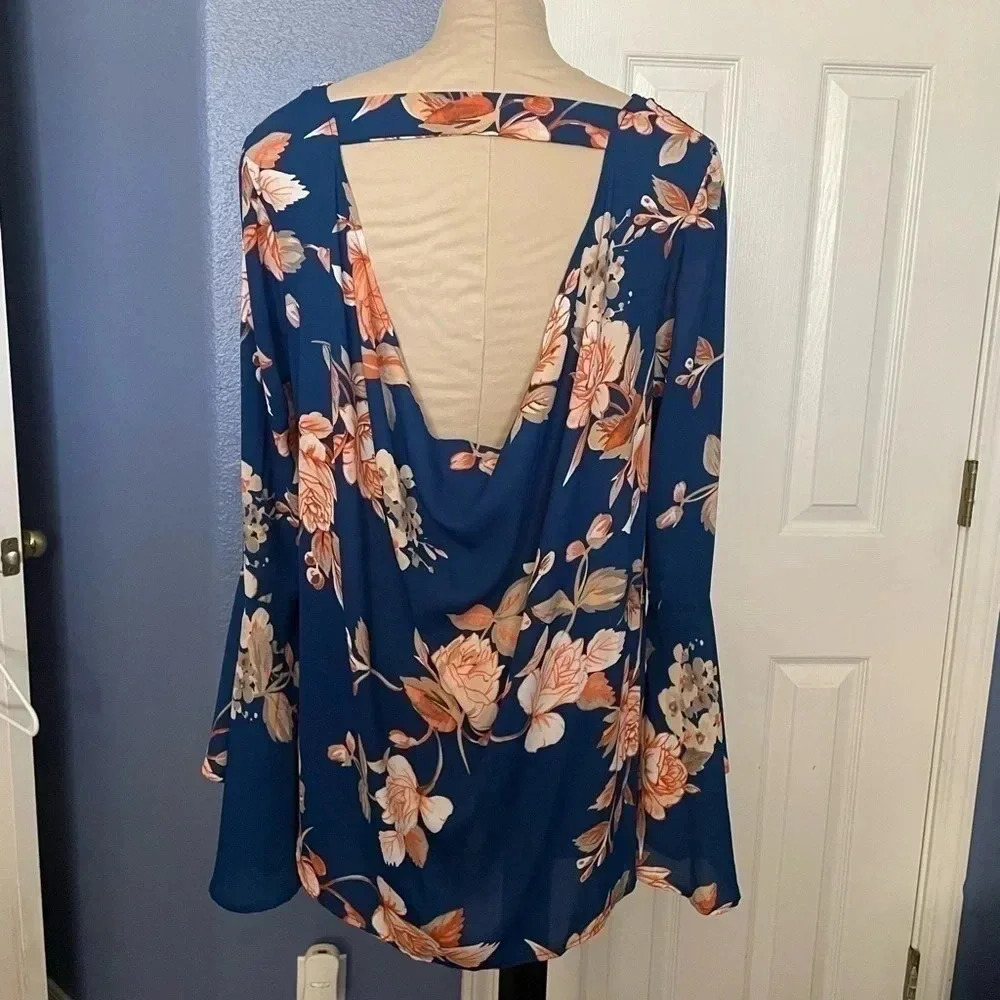Navy Floral Bell Sleeve Top - Picture 9 of 11